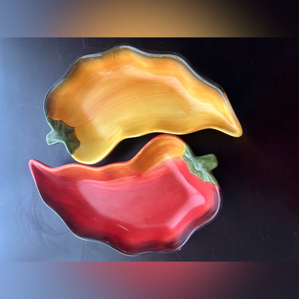2 Clay Art Pepper dipping dishes. Red and Yellow peppers. 9”